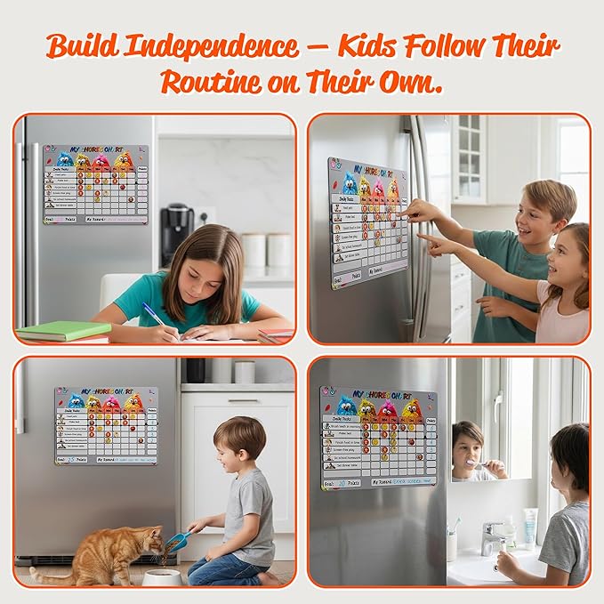 Mimi Doodle Magnetic Chore Chart for Kids – 16x12 Dry Erase Daily Responsibility Board for Fridge with 39 Chore tabs, 100 Reward Stickers – Behavior Chart for Kids at Home – Birds Theme