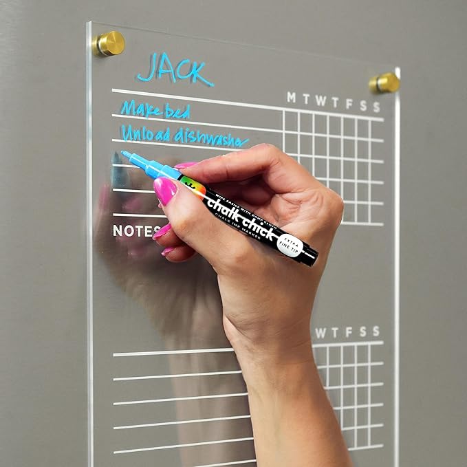 Magnetic Acrylic Chore Chart for Fridge 9” x 12”, Clear Wet Erase Refrigerator Task Board, Minimalist Routine Planning Board, Includes 4 Magnetic Markers, Silver Corner Magnets