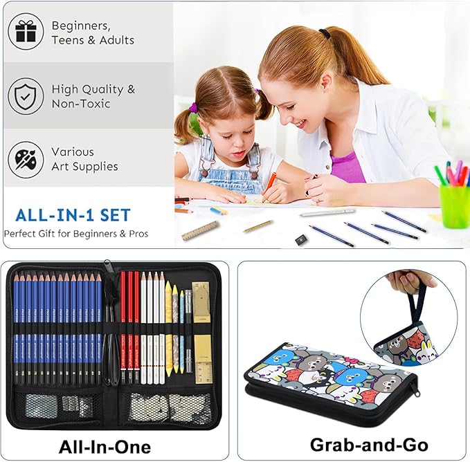 Daerthotk 53 PCS Drawing Kit Sketching Pencil Set, Sketch Pencils Art Supplies with Graphite, Charcoal, Blending Tools, Drawing Pencils for Artists Adults Beginner Family Friends
