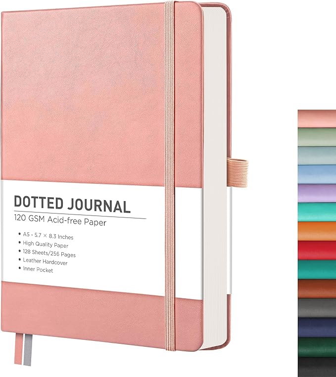RETTACY Dotted Journal Notebook, 256 Pages, A5 Medium Size (5.7'' × 8.3''), Leather Hardcover, 120 GSM Thick Paper, for Journaling, Planning, Tracking (Pink)