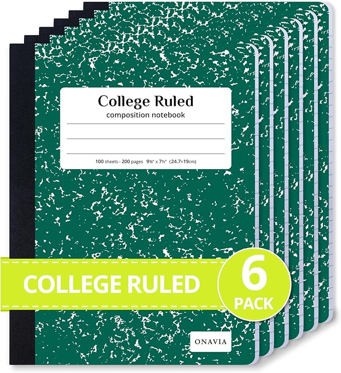 ONAVIA Composition Notebook College Ruled 6 Pack, 200 Pages (100 Sheets), 9-3/4 x 7-1/2, Marble Composition Books Bulk, Notebooks for School, Work, Office, Durable Comp Book, School Supplies, Green