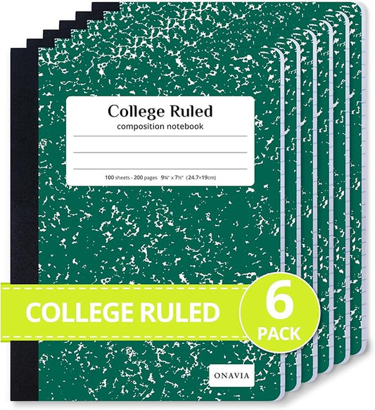 ONAVIA Composition Notebook College Ruled 6 Pack, 200 Pages (100 Sheets), 9-3/4 x 7-1/2, Marble Composition Books Bulk, Notebooks for School, Work, Office, Durable Comp Book, School Supplies, Green