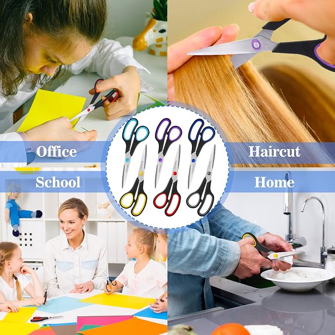 6 Pcs 8” Scissors, Sharp Stainless Steel Comfort Grip for Everyday Use | Right/Left Hand, All Purpose Scissor for Office Home School Craft Sewing Fabric Supplies, High/Middle School Student Teacher