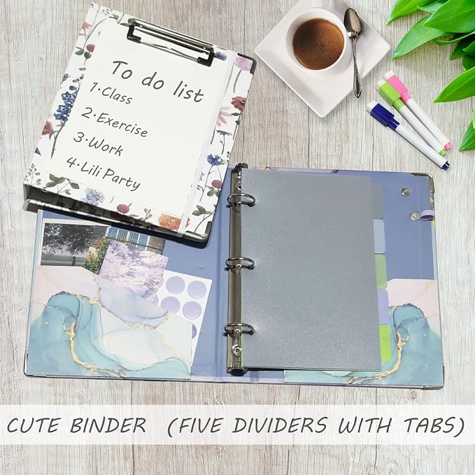 A5 Binder 3 Ring 1 Inch for 5.5"x8.5" Paper, Mini Three Ring Binders with Clipboard,5-Tab Dividers,Interior Pocket, Spine ID Label Holder, BVSSX Small Binder with Pen Holder,Blue Marble