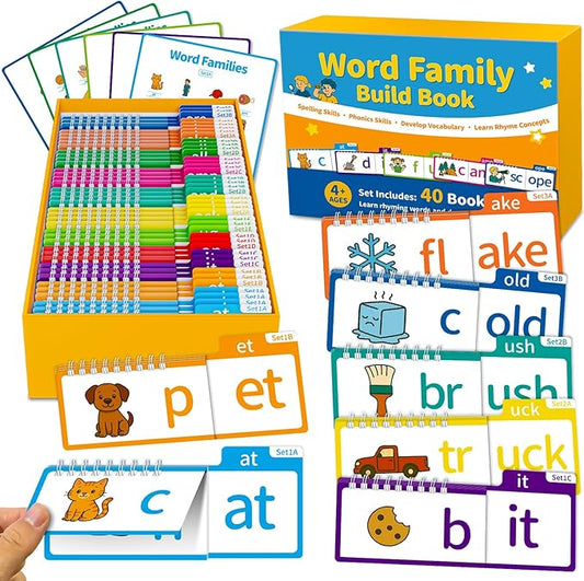 Phonics Flash Cards & Word Family Build Book, 40 Read & Rhyme Flip Books, Learn to Read for Kids Ages 3-8, Engaging Educational Tools for Preschool-Kindergarten, Fun Sight Word Games & Phonics Games