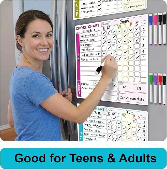 3 Pcs Responsibility Chore Chart Set for Multiple Users, Teens & Adults - Pocket Charts - Fridge Magnetic Whiteboard Set - 3 Individual Dry Erase Organization Charts (10"x10" Each) & 8 Markers