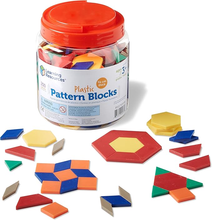 Learning Resources Plastic Pattern Blocks 250 Set - Classroom Must Haves, Math Teaching Tools, Homeschool Supplies, Math Manipulatives