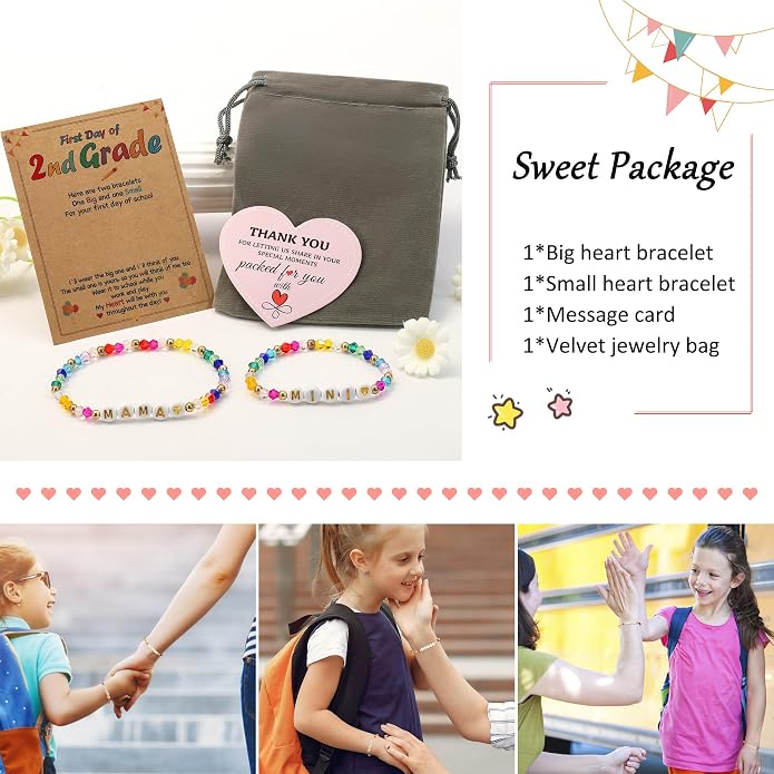 BAYLAY Back to School Bracelet - First Day of School Preschool/Kindergarten/1st Grade/2nd Grade/Back to School Stuff Gifts Supplies Mommy and Me Mommy Daughter Bracelets Heart Beaded Bracelets Gifts