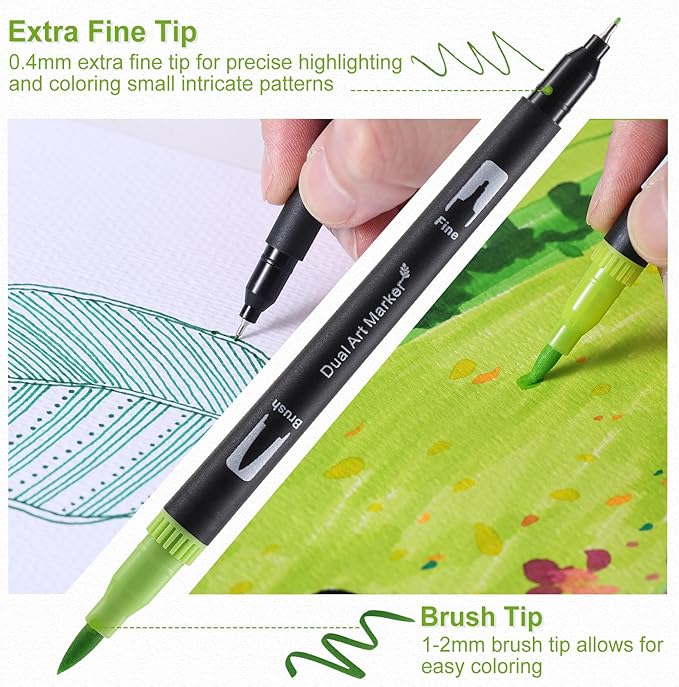 nauets 36 Colors Watercolor Markers with Coloring Book Set Brush & Fine Dual Tip No Bleeding Professional Paint Pens For Drawing Note taking Planner Calligraphy Journaling Card Making Art Supplies