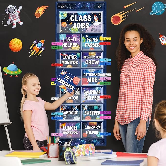 Blosssound Class Jobs Pocket Chart with 31 Cards 40 Colored Clips Classroom Teacher's Helper Management Educational Pocket Chart Bulletin Board Decorations Preschool Supplies(Outer Space)