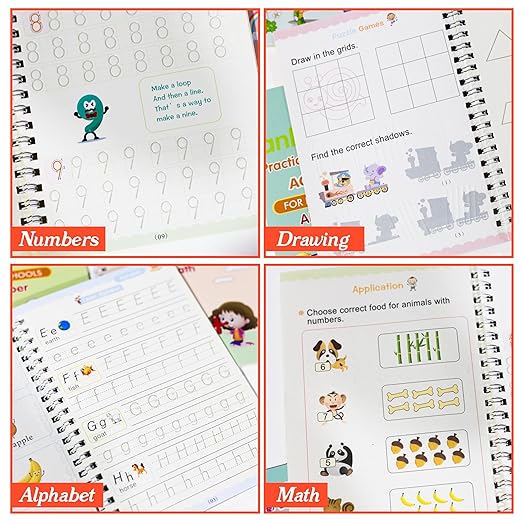 Reusable Magic Practice Copybook for Child Education, Alphabet Number Math Drawing Practice Book (Pack of 4) - Letter Tracing Book for Teaching Handwriting to Kids - with Pens and Handwriting Grip