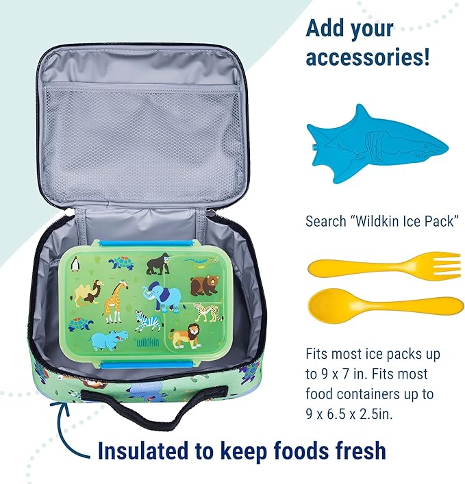 Wildkin Kids Insulated Lunch Box, Keeps Food Hot or Cold, BPA-Free with Mesh Pockets & Easy-Clean Lining – Ideal for School, Travel & Daycare – Wild Animals
