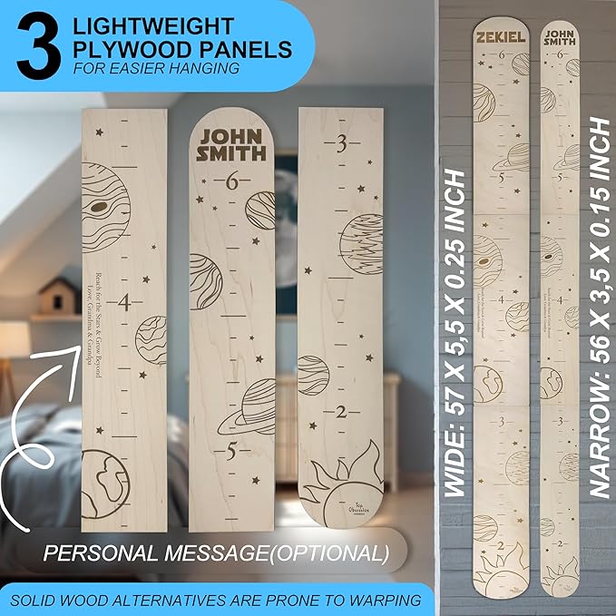 Wooden Height Chart for Wall - Personalized Boy Growth Chart, Custom Name Space Ship Theme Height Ruler Wood, Nursery Growing Wall Meter for Children, Large Baby Growth Chart Solar System, 2 Sizes