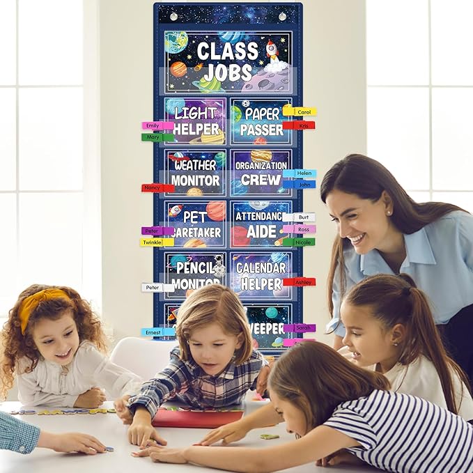 Blosssound Class Jobs Pocket Chart with 31 Cards 40 Colored Clips Classroom Teacher's Helper Management Educational Pocket Chart Bulletin Board Decorations Preschool Supplies(Outer Space)
