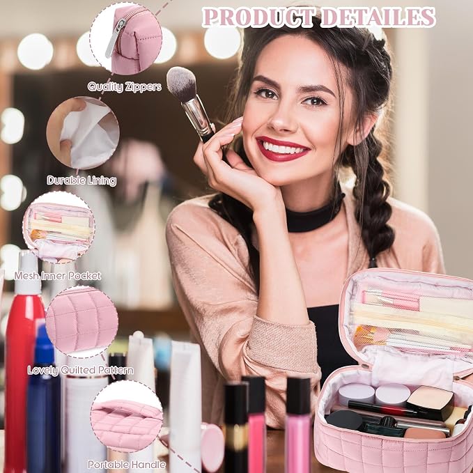 Huhumy 3 Pcs Large Puffy Makeup Bag Set Quilted Cosmetic Pouch for Women Cute Checkered Travel Toiletry Bag Puffer Makeup Organizer Purse Pouch Preppy Pencil Case with Zipper Valentine Gift(Pink)
