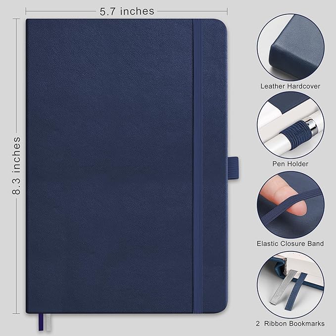 RETTACY Dotted Journal Notebook, 256 Pages, A5 Medium Size (5.7'' × 8.3''), Leather Hardcover, 120 GSM Thick Paper, for Journaling, Planning, Tracking (Navy Blue)