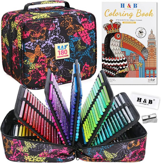 H & B 180-Color Colored Pencils Set with Coloring Book, Eraser, and Sharpener - Perfect for Drawing and Coloring - Soft Oil-Based Cores Ideal for Adults and Beginners
