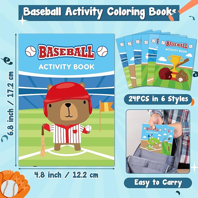 JAPBOR Baseball Activity Coloring Books - 24PCS Mini Baseball Themed Color Activities Book Bulk for Party Favor, Sport Small DIY Colouring Pages for Birthday Gifts Class Drawing Painting Games