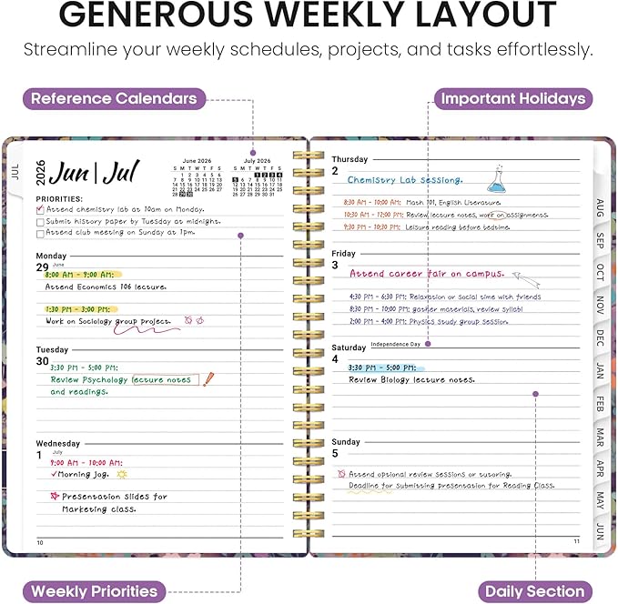 Planner 2026-2027, Academic Year Weekly and Monthly Calender Planner, from Jul 2026 - Jun 2027, Spiral Bound School Planning Book, Perfect for Teacher, Student, Women & Men, A4 (8.5" x 11"), Lavendar Floral