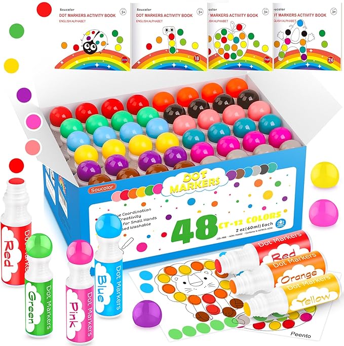 Soucolor (48pks 12 Colors Washable Bingo Paint Daubers Markers Bulk, Class Set, Coloring Markers, Must Have Classroom Supplies for Teachers (with 4pks Tearable Activity Books)