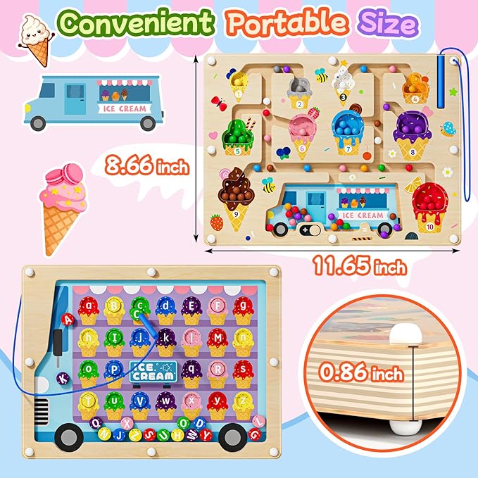 2 in 1 Magnetic Color and Number Maze Double-Sided ABC Alphabet Puzzles Board Magnet Dinosaur Counting Maze Preschool Learning Montessori Education 3 4 5 Years Toys (Ice Cream, One Size)