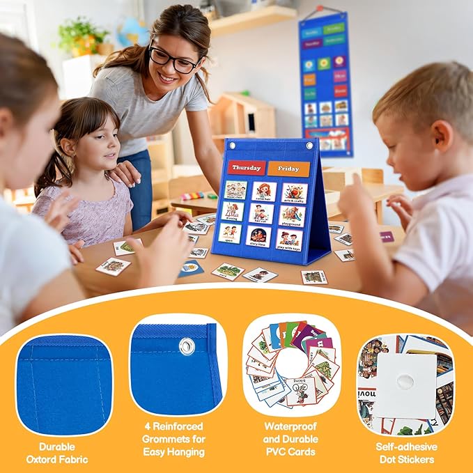 PITCOTT Visual Schedule for Kids Chore Chart，103 Daily Schedule Board Routine Pocket Chart Cards for Toddlers,Autism Learning Material Tool Wall Planner for Home School with 3 in 1 Cards Gift for Kids