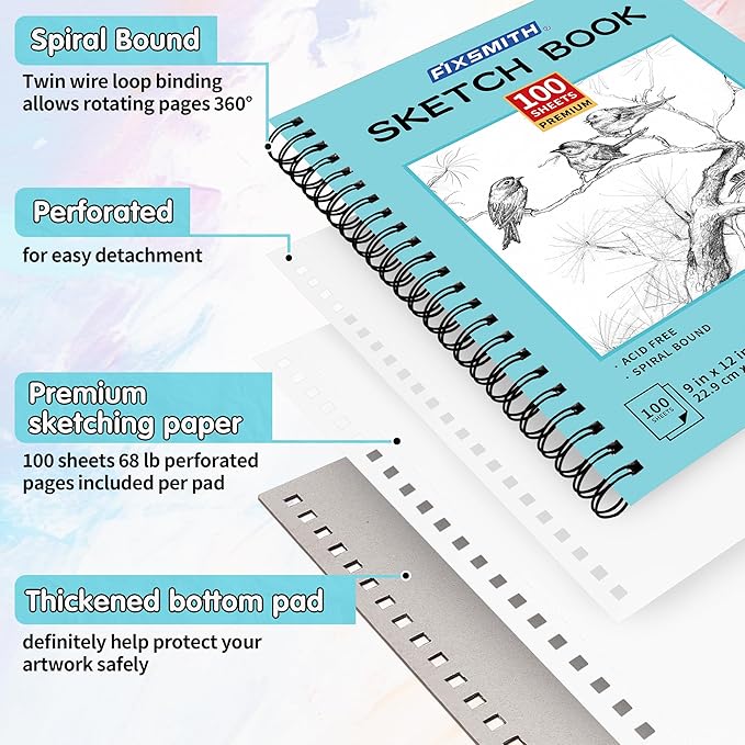 FIXSMITH 9"X12" Blue Sketch Book, 400 Sheets (68 lb/100gsm) Spiral Sketchbook, Acid Free Drawing Paper, Sketch Pad for Beginners,Artists & Professionals, Bright White