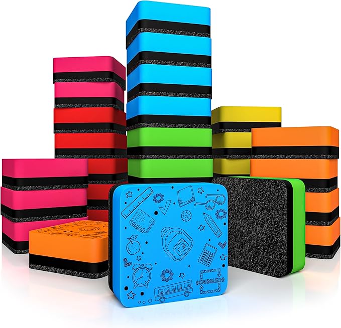 Scribbledo 30 Pack Dry Erase Erasers Assorted Colors Magnetic Whiteboard Erasers for Kids and Students - Smudge Free Small Dry Erase Board Erasers for Classroom Home School and Office