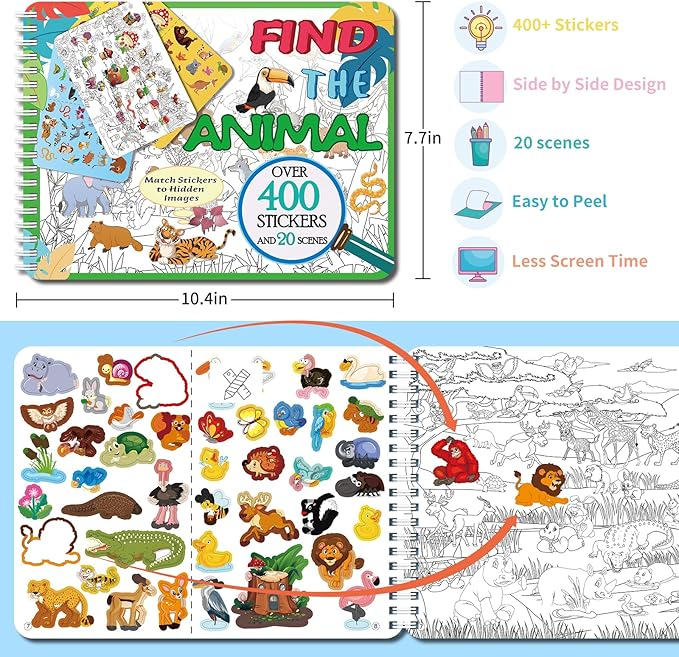 Kalysky Find the Animal Sticker Book for Kids Ages 4-8 | 400+ Stickers | Travel Activity for Plane, Car & Road Trip