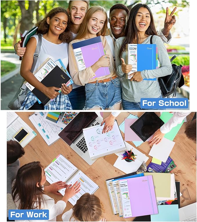 5 Subject Notebook College Ruled,80GSM Paper Thick Hardcover Spiral Notebook Lined Journal with Removable Dividers Tabs,400pages 8.5"x11" Paper Large Notebooks for School Work,3-Hole Punched, Blue