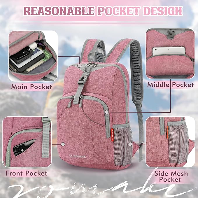 ZOMAKE Lightweight Packable Backpack, 10L Small Foldable Daypack for Hiking | Water Resistant Collapsible Backpacks for Women Men, Everyday Carry, Multi Compartment Storage, Adjustable Strap(Pink A4)