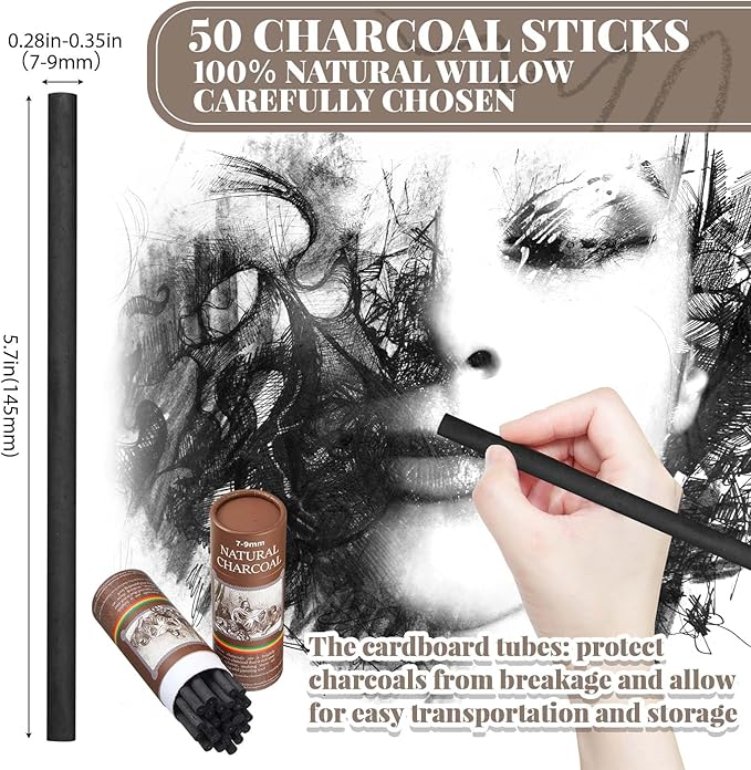 Gueevin 50 Pcs Willow Charcoal Sticks, Willow Charcoal, Artists, Beginners, Students, Perfect for Sketching, Drawing, Shading, and Fine Art Christmas Gifts for Art (7-9mm)
