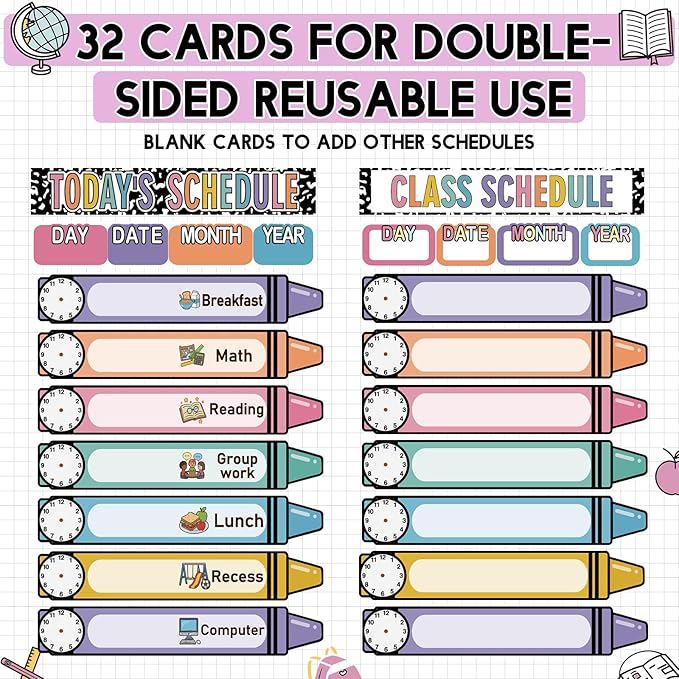Gueevin Daily Schedule Pocket Chart for Classroom, 15+1 Pockets with 32 Pcs Double-Sided Reusable Cards Daily Schedule Pocket Chart Decor for Classroom School Home Activity Office Supplies(Crayon)