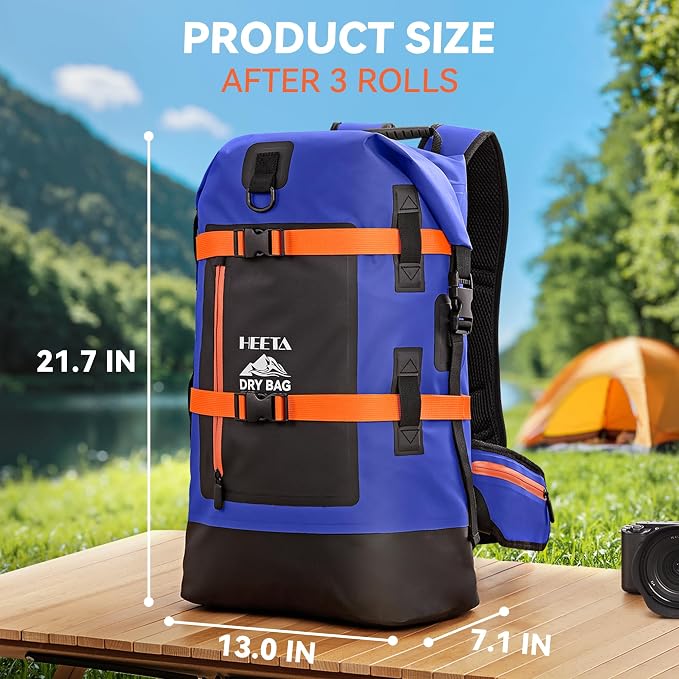 HEETA Dry Bags Waterproof Backpack 40L for Men & Women, Roll Top Heavy Duty | Cushioned Hiking Backpack, for Kayaking Boating Paddle Boarding Fishing Travel Camping Beach Vacation Cruise Ship Essentials