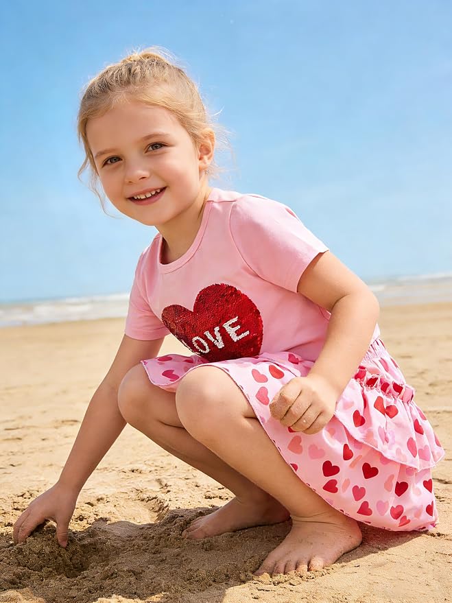 Little Girls Skirt Set - 2 Piece Short Sleeve Top Shirred Tiered Skirt Outfit Girls Spring Summer Clothes 3-8 Years