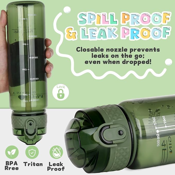 OLDLEY 17oz Kids Water Bottle, Tritan BPA-Free, Leakproof Flip Straw Lid, Motivational Time Marker, Carry Strap, Reusable Clear Water Bottle for Boys & Girls,Jade
