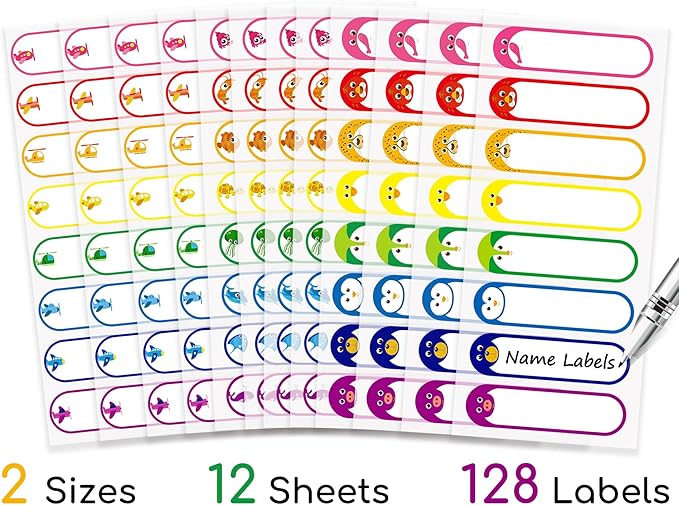 Baby Bottle & Daycare Name Labels, Self-Laminating Waterproof Stickers for Kids Stuff, Dishwasher Safe Write-On Name Tags for School & Home, Assorted Sizes & Colors, Pack of 128 (Rainbow Set of 2)