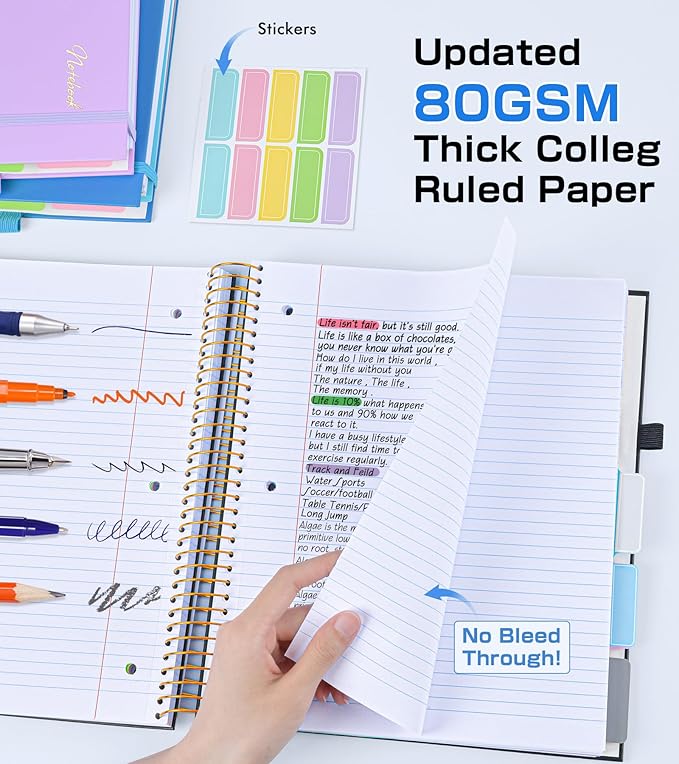 5 Subject Notebook College Ruled,80GSM Paper Thick Hardcover Spiral Notebook Lined Journal with Removable Dividers Tabs,400pages 8.5"x11" Paper Large Notebooks for School Work,3-Hole Punched, Black