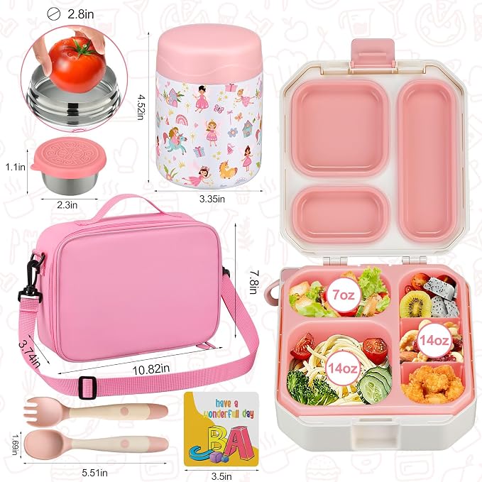 wiwens Bento Lunch Box for Kids with 12oz Soup Thermo Leak-Proof Lunch Food Container with 5 Compartment Thermo Hot Food Jar and Insulated Lunch Bag for Kid Toddler Girls Boys to School