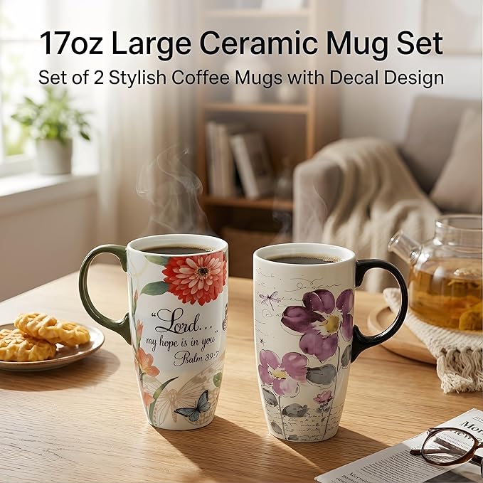 Topadorn 2-Pack 17oz Ceramic Travel Coffee Mugs with Lids, Floral Psalm Design, Microwave & Dishwasher Safe, Gift Set for Women and Men