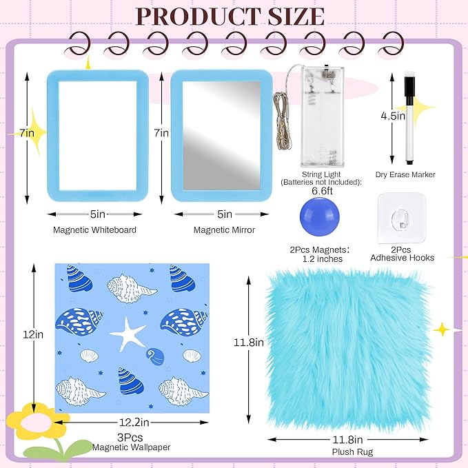 Elfcool 13 Pcs Locker Accessories Kit, Locker Decorations for Girls Boys Magnetic Pen Holder, Mirror, Whiteboard, Wallpaper, Magnets, Plush Rug, String Light, Back to School Essentials (Blue)