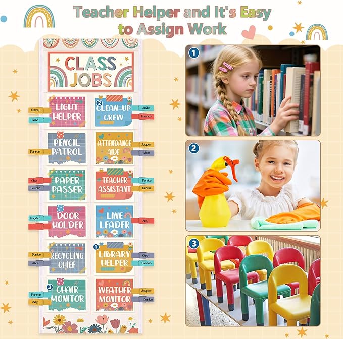 Pasimy Class Jobs Pocket Chart Class Helpers Pocket Chart Classroom Jobs Cards with Clips and Hooks Teacher's Helper Bulletin Board Set for Back to School Classroom Teacher Supplies (Rainbow)