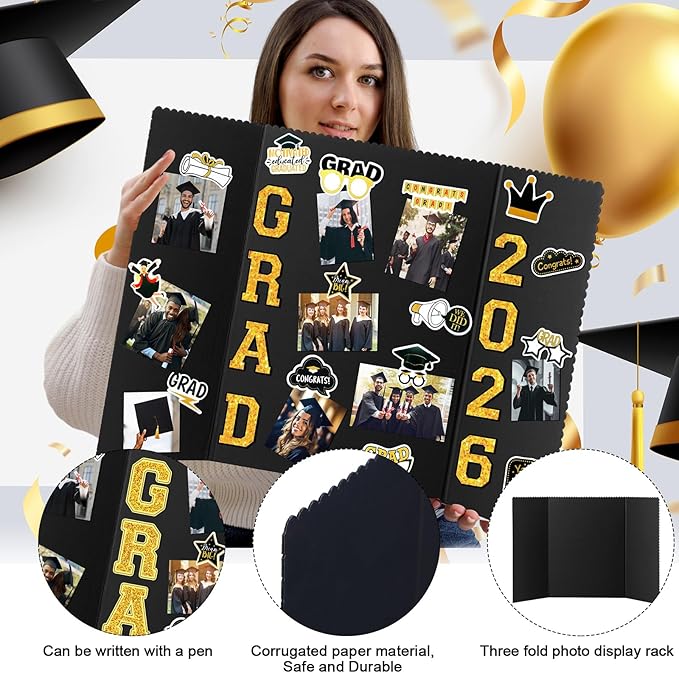 MiniInflat 4 Set 2026 Graduation Picture Trifold Poster Board Double-sided Foldable Photo Display Board Graduation Decoration for Class of 2026 High School College DIY Craft(Black Gold,24 x 32 Inches)
