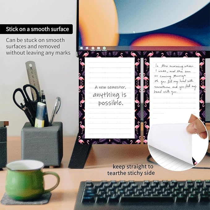 2 Pack Lined Sticky Notes 4x6 in, Cute Self-Stick Notepads with Lines, Large Memo Pads Strong Adhesive for Office, Home Cute Pink Flamingo