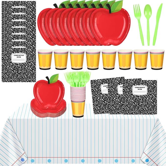 146 Pcs Back to School Decoration First Day of School Party Supply Apple Plate 24 Set Tableware Disposable 2 Notebook Tablecloth for Composition Classroom Decoration Preschool Kindergarten Party
