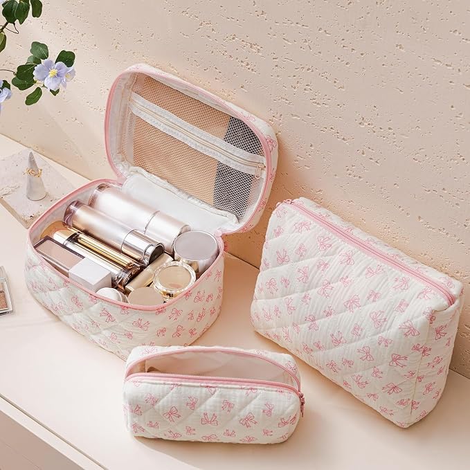 HBselect Quilted Makeup Bag, 3Pcs Cotton Large Travel Makeup Bags Organizer | Cute Floral Make up Bag Cosmetic Bag Toiletry Bag for Women Girls, Makeup Pouch for Skincare, Brushes & Travel Essentials