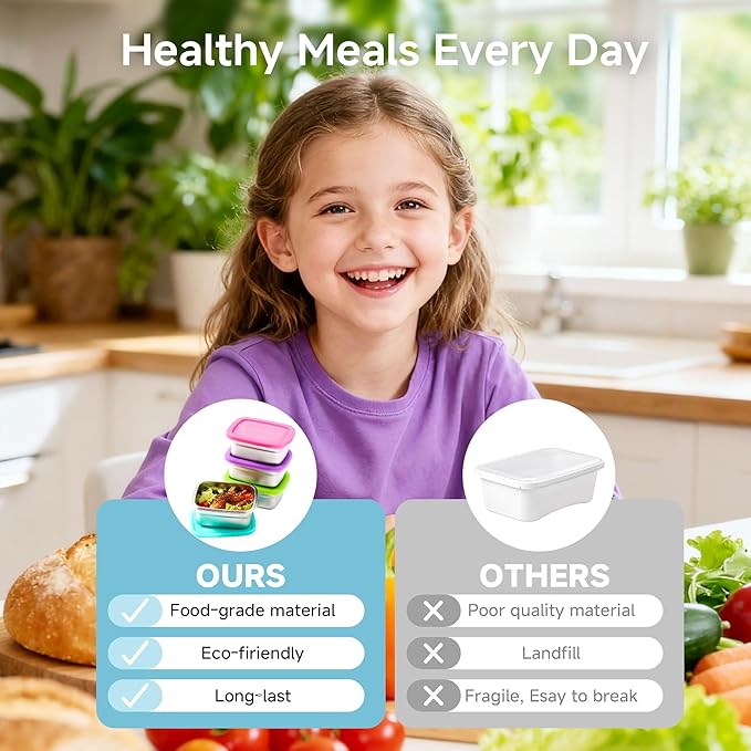 BEFOY Stainless Steel Snack Containers with Clear Silicone Lids for Kids/Adult Leak Proof Stackable Metal Lunch Box for Kitchen Storage, Meal Prep Easy Open & BPA-Free Stackable Box for Daycare