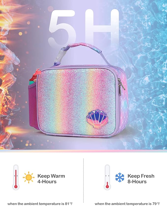 Bagseri Kids Lunch Bag Girls - Thermal Insulated Lunch Box Tote with Water Bottle Holder, Reusable Leak-Proof Kids Lunch Box for Daycare & School, Glitter Purple Mermaid (Containers Not Included)
