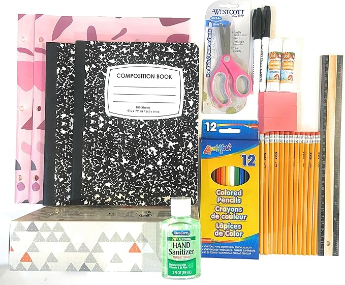BLJ School Supplies for Kids, Back to School Supply Box, Supplies for Girls or Boys, Essentials Supplies for K-8 Kindergarten Elementary-School Supply Kit 39PCS (Pink)
