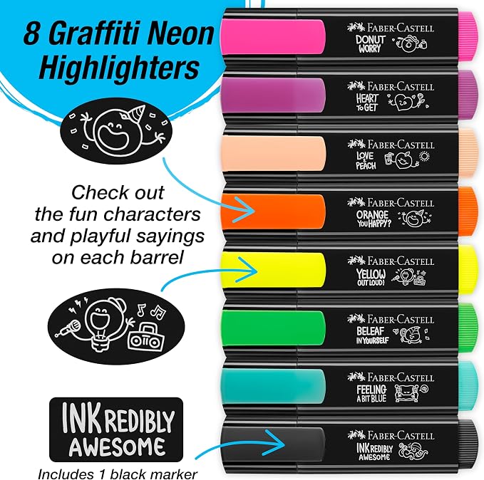 Faber-Castell Graffiti Highlighters Set - 8 Chisel Tip Highlighters - Aesthetic School Supplies and Bible Highlighters, Fun & Cute Highlighters Assorted Colors, Journaling Supplies in Neon Colors